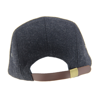 Bamboo PU lana de campamento de béisbol Cap 5 panel Sombrero Snapback con logotipo en relieve de cuero