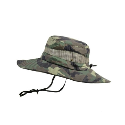 Sombrero de pescador de borde ancho de campo Camuflaje de ocio Sombrero de cubo con cuerda