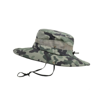 Sombrero de pescador de borde ancho de campo Camuflaje de ocio Sombrero de cubo con cuerda