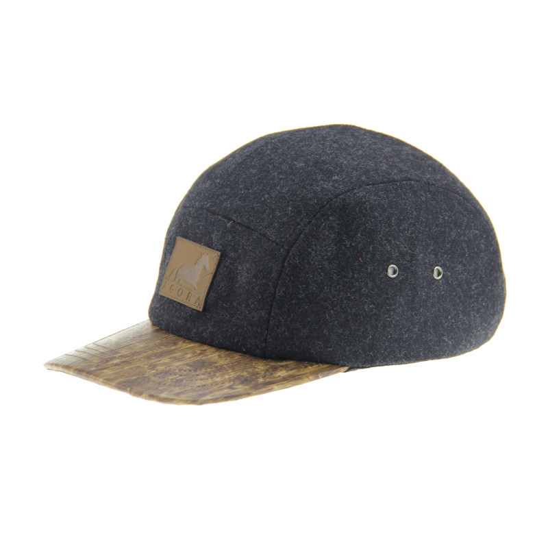 Bamboo PU lana de campamento de béisbol Cap 5 panel Sombrero Snapback con logotipo en relieve de cuero
